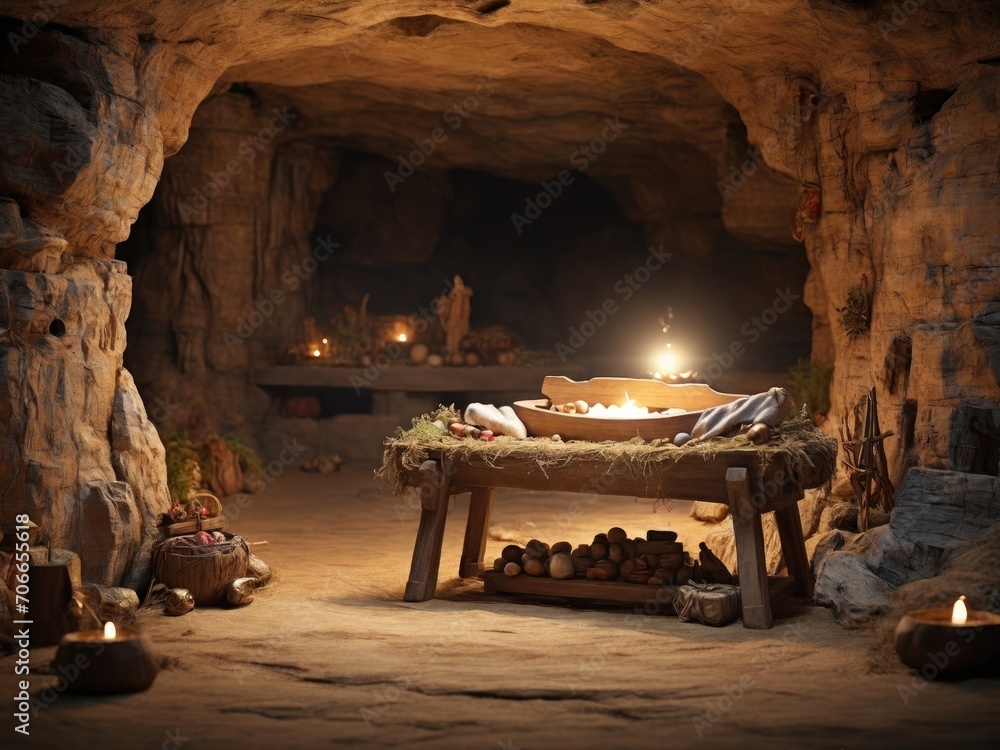 Christian Christmas scene with empty wooden manger. Birth of Jesus ...