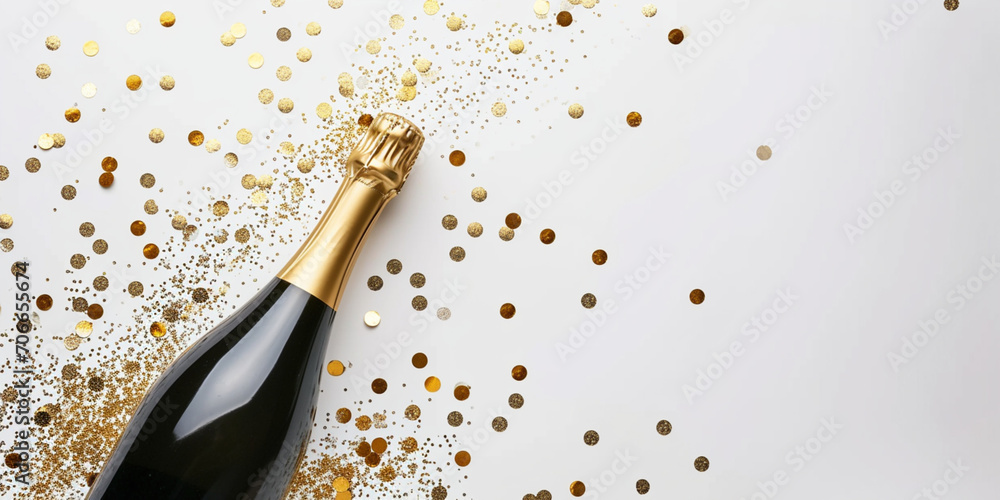 Gold bottle with party shiny glitter streamers on white background ...
