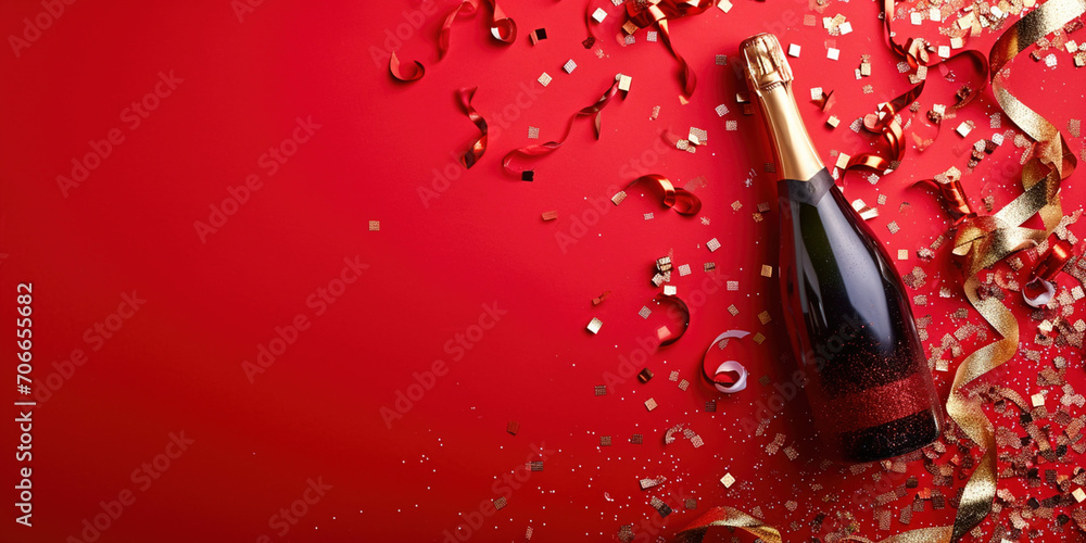 Horizontal banner for celebrations and invitation cards. Gold bottle ...