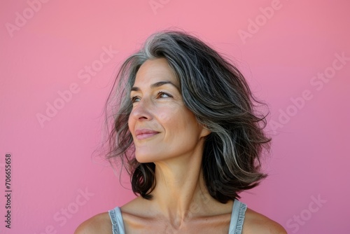 A confident mature woman with naturally gray hair looks away thoughtfully, standing against a vibrant pink background..