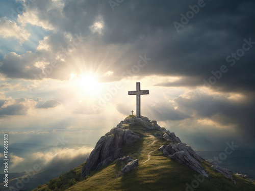 Cross on the top of the mountain with sunset background. holy Cross symbolizing the death and resurrection of Jesus Christ. Generated with AI