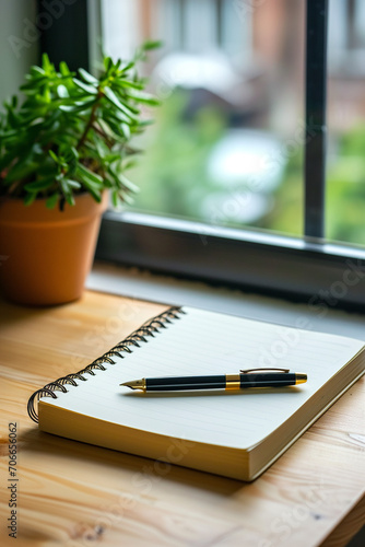 notebook and pen near an office plant. home alone, weekend. paper to write notes. glasses. study in the university or school