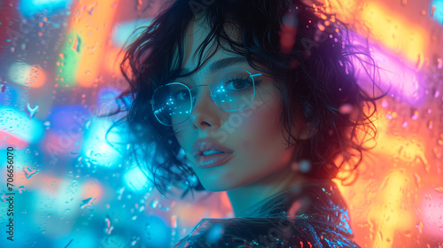 Portrait of a Cyberpunk Woman Illuminated by Vibrant Neon Lights on a Rainy City Night in a Retrowave Style. 
