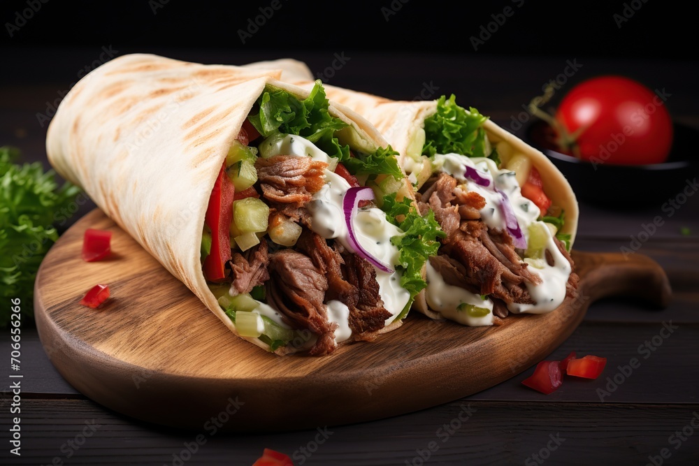 Tasty doner kebab on wooden background Tasty doner kebab on wooden background