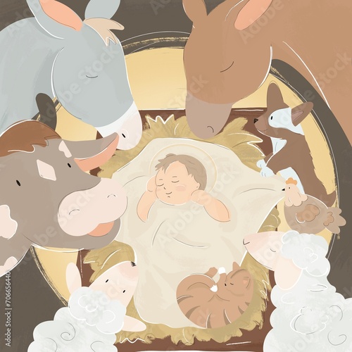 Christmas illustration of Baby Jesus in a manger