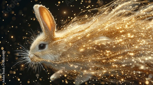 Gold rabbit with sparks floating on a black background. Happy Easter day.