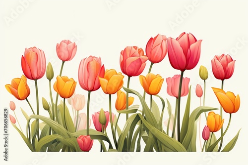 Illustration of colorful tulips on white background