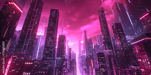 Uma representação digital de um cenário urbano futurista, abraçando a estética cyberpunk, com luzes de néon, arranha-céus imponentes e uma atmosfera distópica.