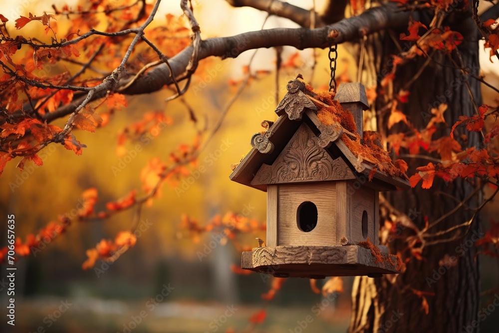 Beautiful wooden nesting box in the garden Beautiful wooden nesting box in the garden