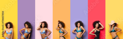 Set of beautiful African-American woman in different swimsuits on color background photo