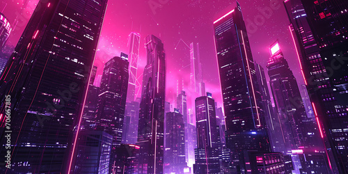 Uma representação digital de um cenário urbano futurista, abraçando a estética cyberpunk, com luzes de néon, arranha-céus imponentes e uma atmosfera distópica.