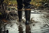 Protective Boots rubber in flooded house. After big rain. Generate Ai