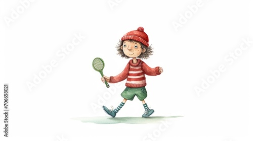 Cute character boy watercolor illustration in Christmas style on white background. Red and green colors.
