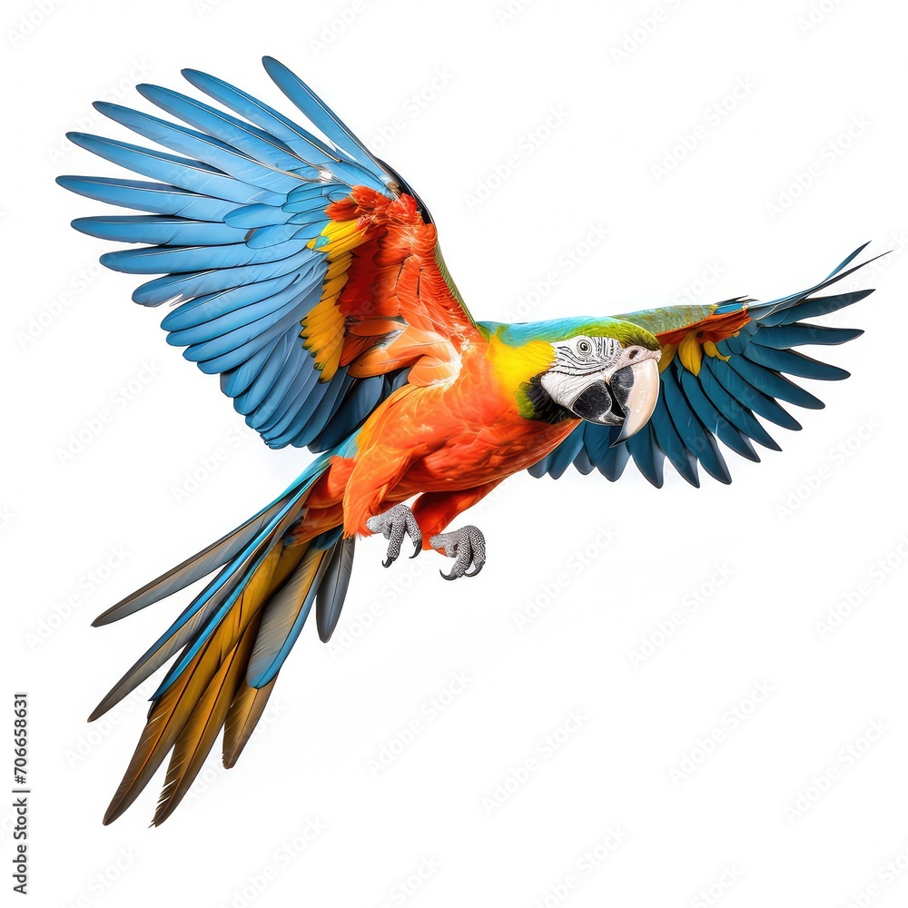 Obraz premium Colourful parrot flying flapping wings isolated on white background