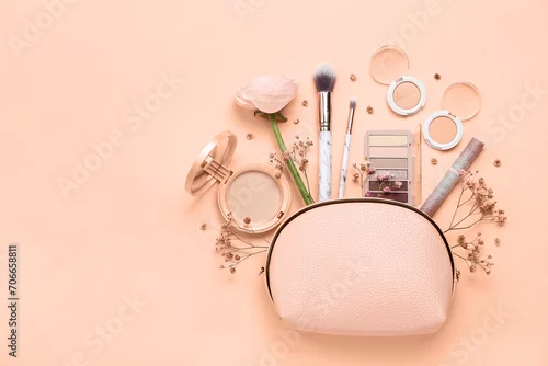 Obraz Composition with bag, makeup cosmetics and flowers on nude background. Banner for design