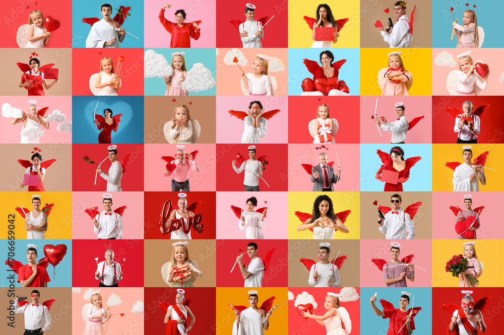 Collection of people dressed as Cupid on colorful background Collection of people dressed as Cupid on colorful background