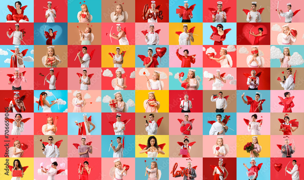 Big collage of people dressed as Cupid on colorful background Big collage of people dressed as Cupid on colorful background