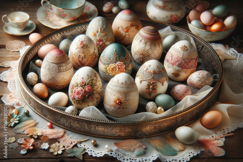 Decoupage Eggs, Eggs adorned with decoupage art using fabric or paper