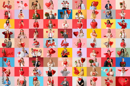 Big collage of people celebrating Valentines Day on color background