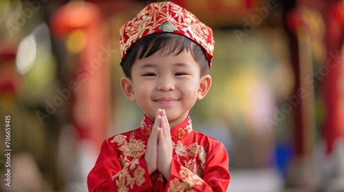 Portrait of happy little boy in traditional New Year costume making greeting gesture and smiling at camera
