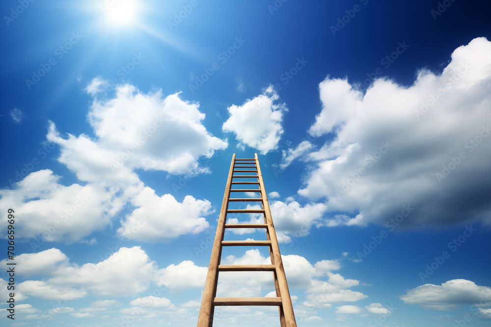 Generative AI Concept Image Of Wooden Ladder Leading Up To Blue Sky And Clouds To Show Ambition And Aspiration Generative AI Concept Image Of Wooden Ladder Leading Up To Blue Sky And Clouds To Show Ambition And Aspiration