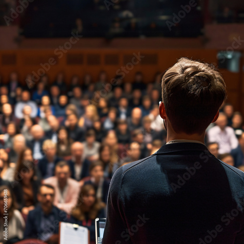 Keynote Brilliance: Assembly in a Hall with Singular Focus on a Speaker - A Captivating Moment of Leadership Amidst a Blurred Tapestry of Attendees - Generative AI © Tobias