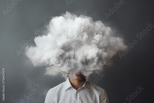 Generative AI Mental Health Concept Image Showing Unhappy Man With Head In Storm Cloud Against Grey Background