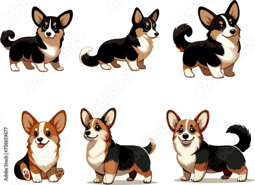 corgi dogs character set in 6 positions, vector illustration isolated on white © Agustin A