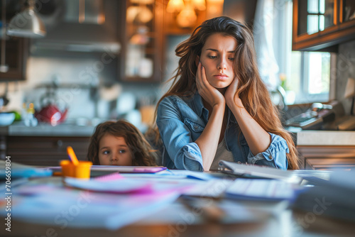 Stressed mother managing finances and work with child at home photo