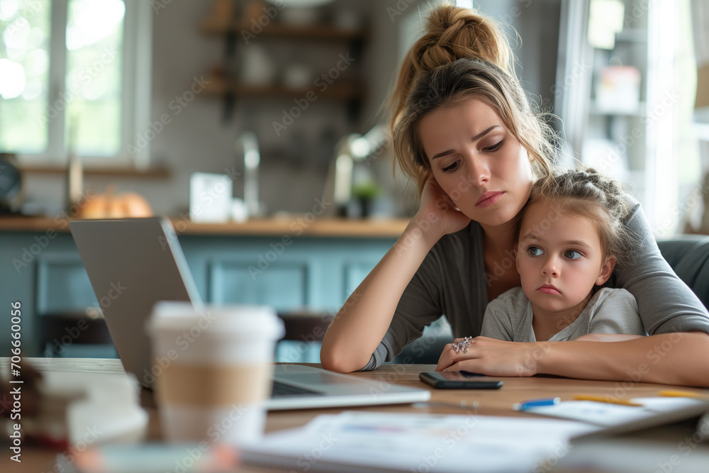 Stressed mother managing finances and work with child at home Stressed mother managing finances and work with child at home