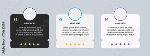 Customer review template. Testimonials, feedback with rating. Box with a text comment from the client. Vector design suitable for websites and social networks.