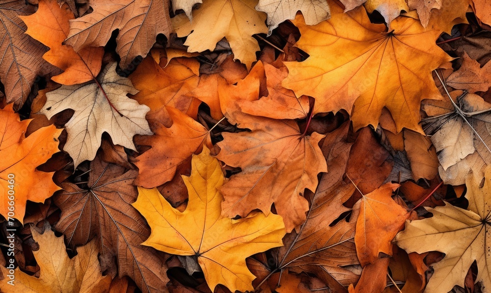 Colorful leaves are scattered around on the ground, large scale, top view, detailed texture. Autumn wallpaper.