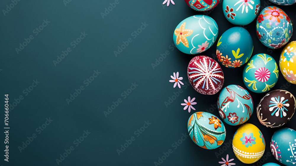 decorated Easter eggs against a cheerful blue backdrop,A square frame with flowers on a blue background,Elegant traditional spring decoration adorned with Easter eggs,Easter background with eggs 