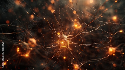 Neurons cells featuring luminescent connections resembling knots. Glowing neurons within the brain, highlighted with a focused effect. The transmission of electrical between synapses and neural cells. © Vladimir