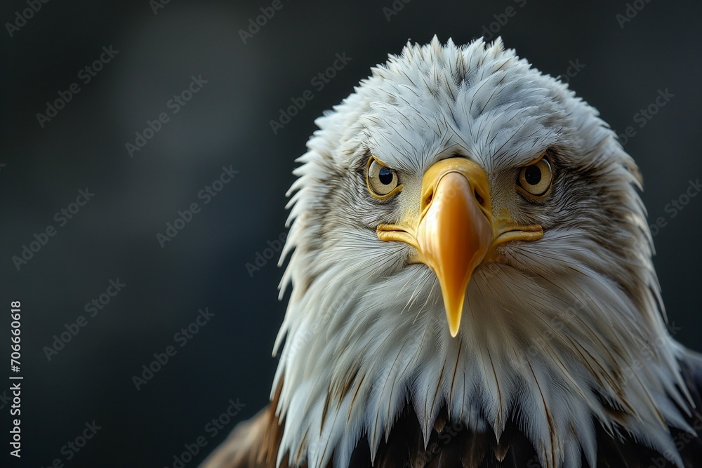 Close-up of a bald eagle's head with a bright yellow beak and sharp eyes on a blurred background. - obrazy, fototapety, plakaty 