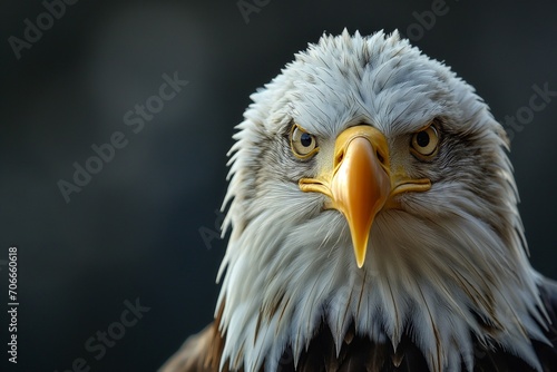 Close-up of a bald eagle's head with a bright yellow beak and sharp eyes on a blurred background. © Zakhariya