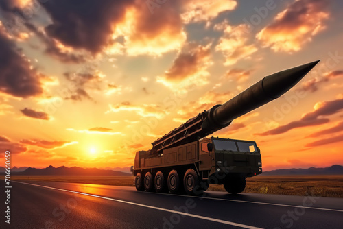 A rocket on wheels, a weapon of mass destruction against the backdrop of a sunset photo
