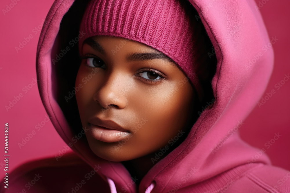 Beautiful portrait of a dark-skinned girl wearing a pink hat and a pink capizone Beautiful portrait of a dark-skinned girl wearing a pink hat and a pink capizone