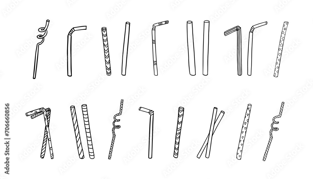 Big set of straws of different sizes, shapes and patterns in doodle style. Hand drawn. Great for menu, banner, decoration, advertising - obrazy, fototapety, plakaty 