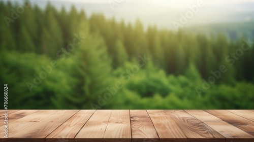 Wooden tabletop and blurred green forest landscape background for displaying or mounting your products