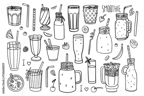 Cute set of smoothies and yougurt. Glasses of different sizes and shapes, straws and fruits in doodle style. Healthy drinks. Hand drawn. Great for menu, banner, advertising
