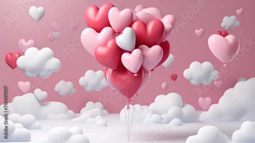 3D animation of pink and red hearts in the form of balloons