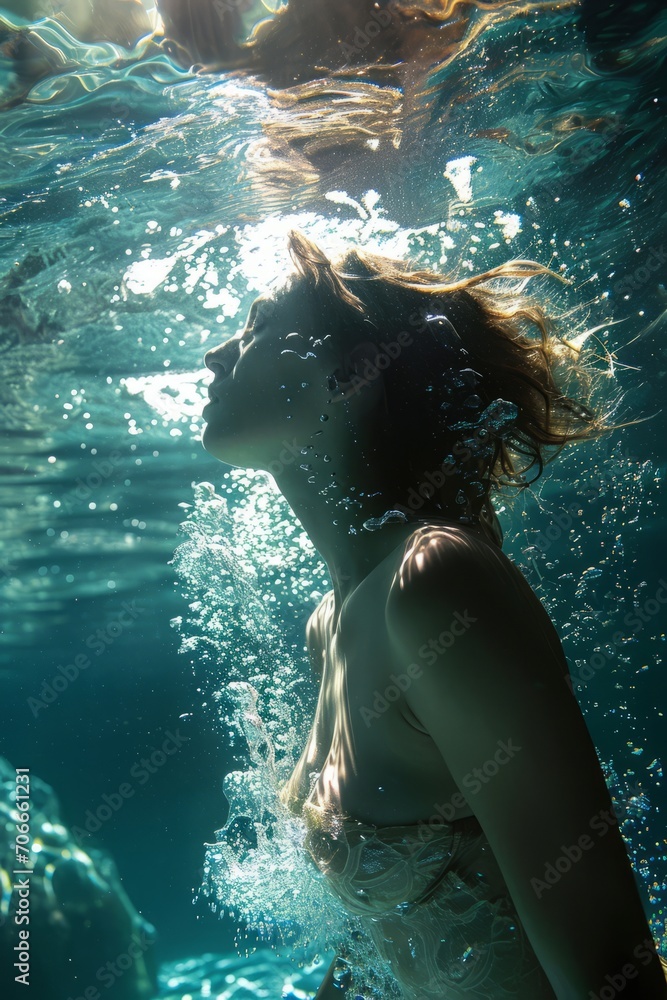Portrait of a beautiful girl in a swimming pool with water splashes