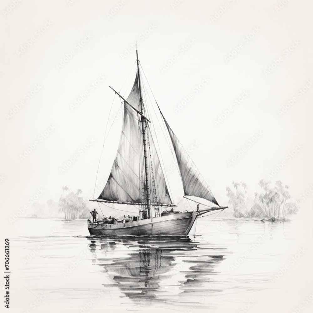 Pencil sketch nice early morning sea sailing boat Generative AI