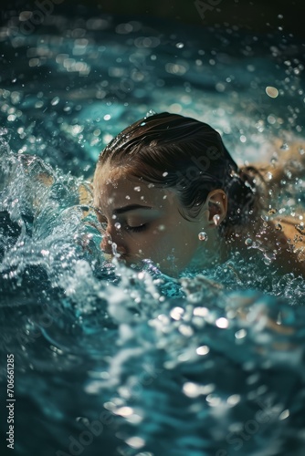 Portrait of a beautiful girl in a swimming pool with water splashes © Shorena