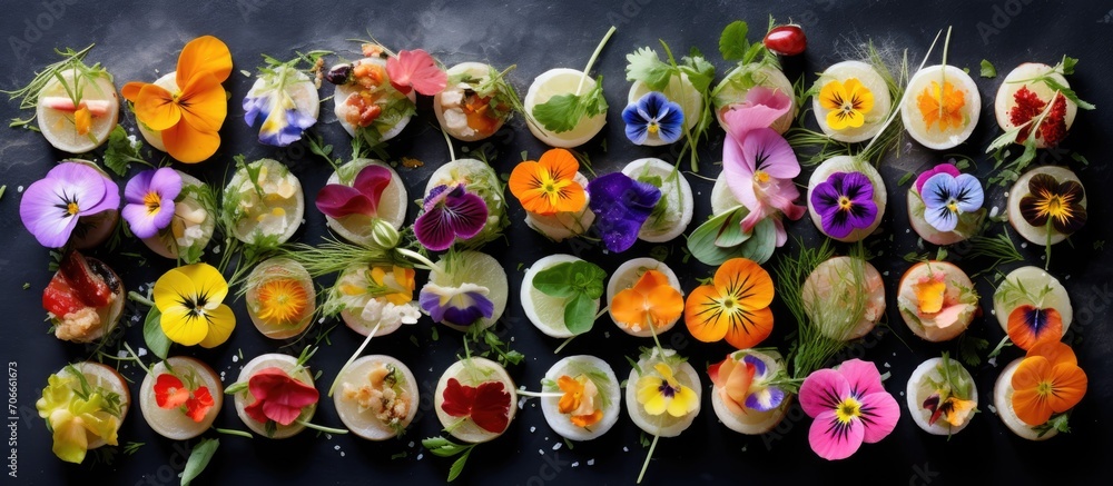 Edible flower canapes with various ingredients. Edible flower canapes with various ingredients.