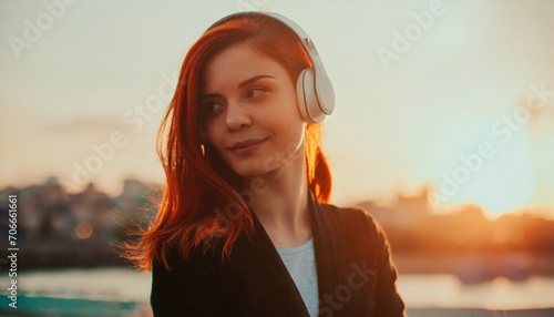 Red Hair Young Girl With Headphones