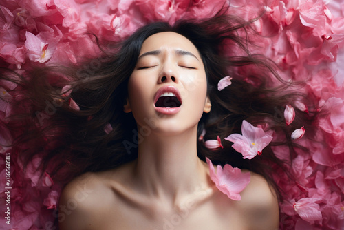 Young Asian woman having orgasm. Beautiful woman with open mouth and closed eyes enjoying sex lying among flower petals. Sexual experience, getting sexual pleasure, masturbation, cunnilingus photo