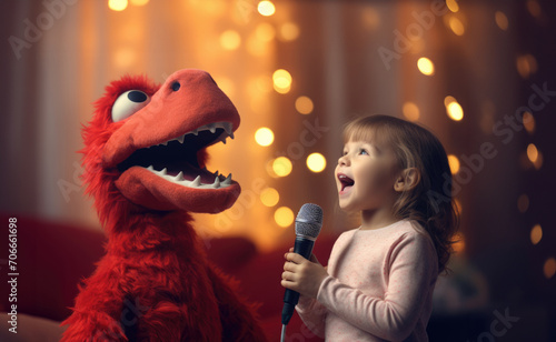 A little girl sings karaoke with her favourite toy