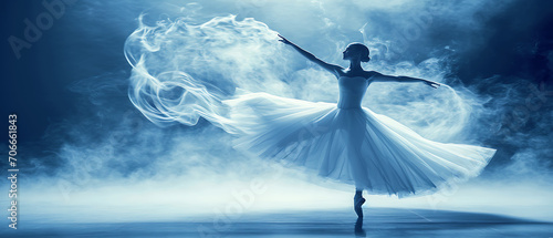 Uma imagem graciosa capturando um momento de uma performance clássica de balé, mostrando a beleza e precisão da dança como forma de arte visual. photo